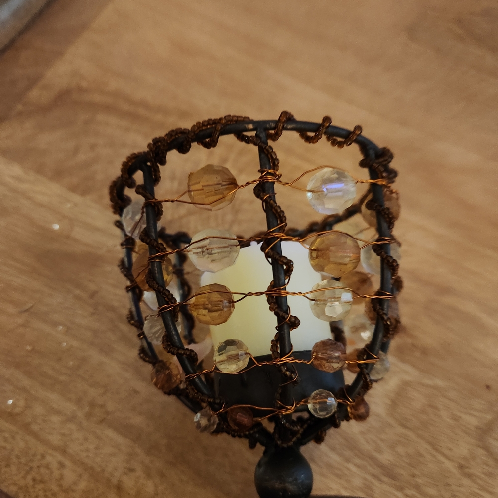 Beaded Candle Holder with Brown and Clear Accents - Picture 7 of 10